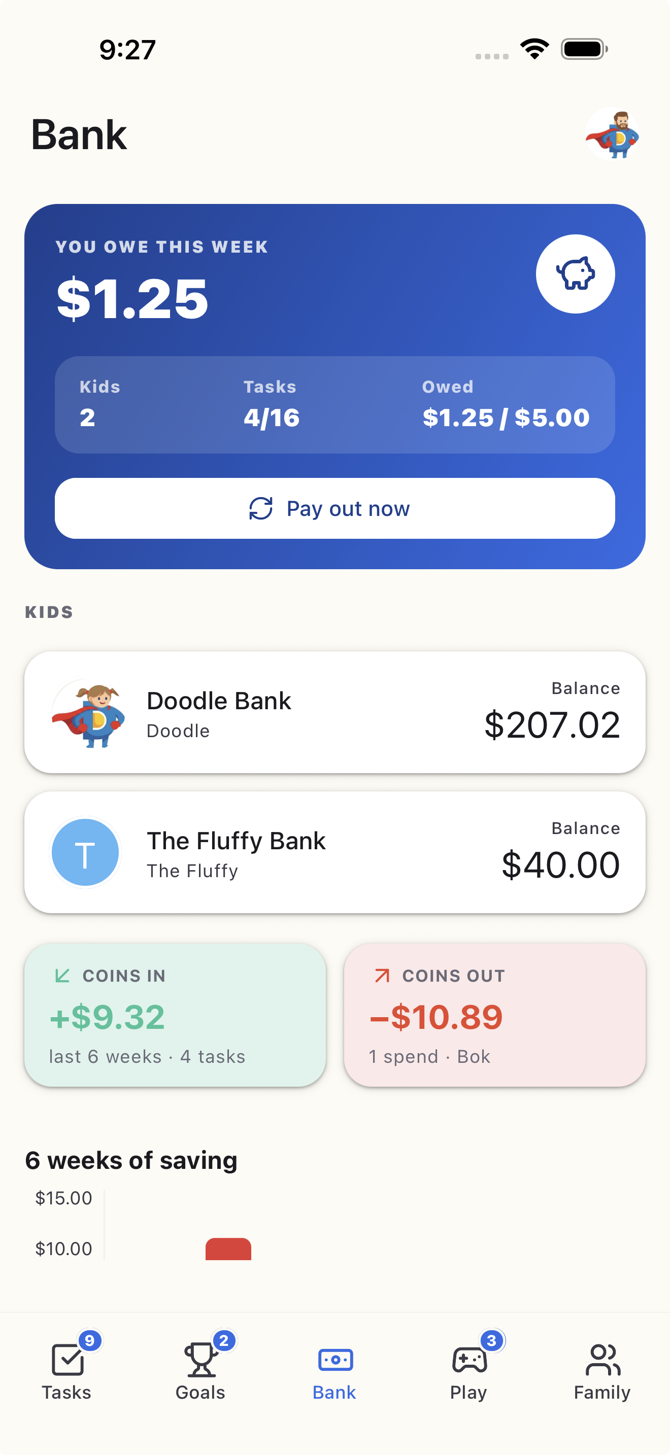 Parent view of family balances in Doey Bank