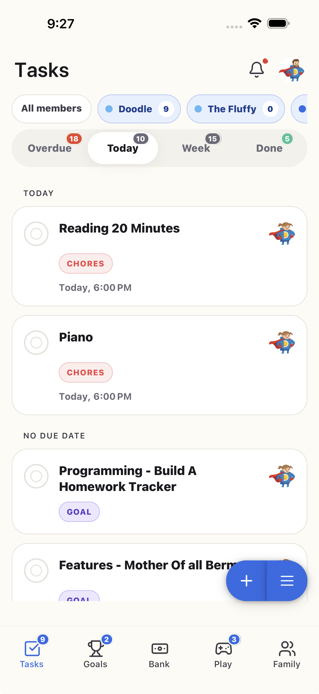 Doey parent task list showing assigned chores and their values